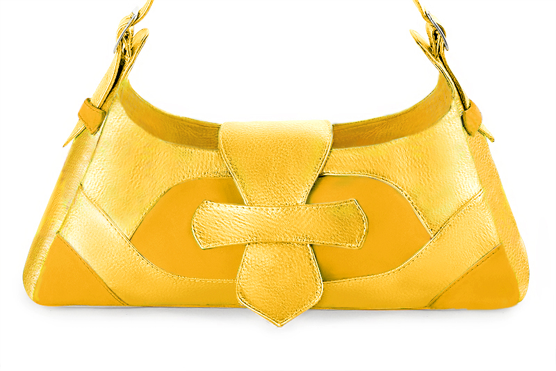 Yellow women's dress handbag, matching pumps and belts. Profile view - Florence KOOIJMAN